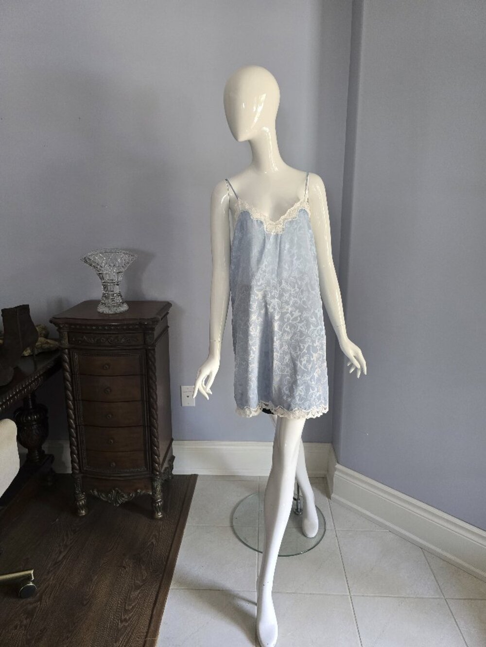 💙 Potpourri Blue Satin Jacquard Nightgown & Robe Set | Size Large